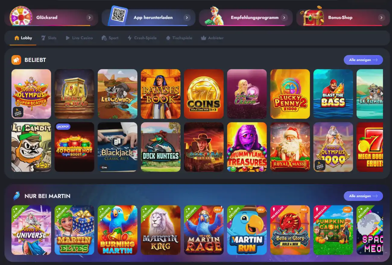 Martin Casino Lobby mit beliebten Spielen und verschiedenen Spielkategorien