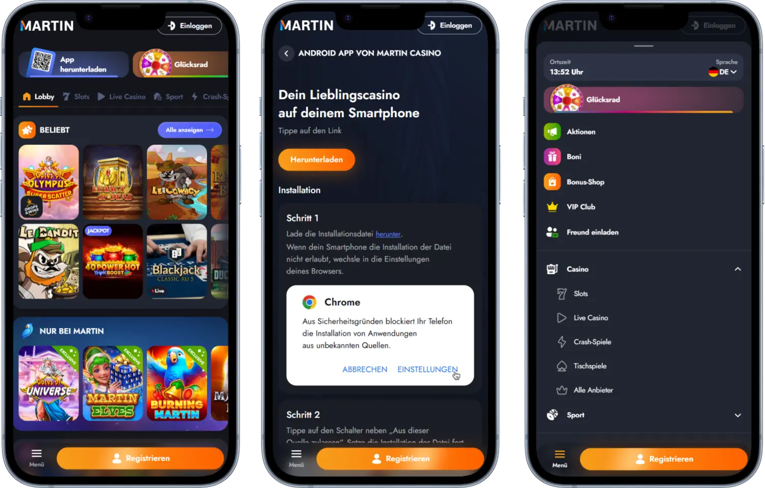 Martin Casino mobile App für Smartphones mit Spielauswahl und Konto