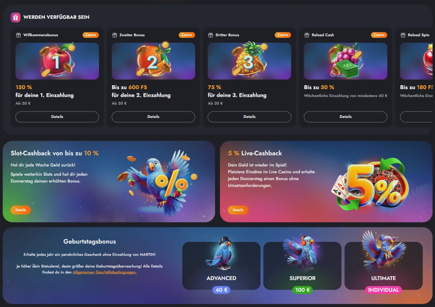Martin Casino Willkommensbonus mit 150 Prozent, Freispiele und Reload-Aktionen