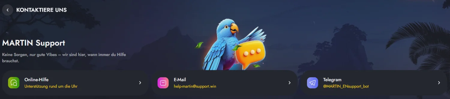 Martin Casino Kundenservice mit Live-Hilfe, E-Mail und Telegram