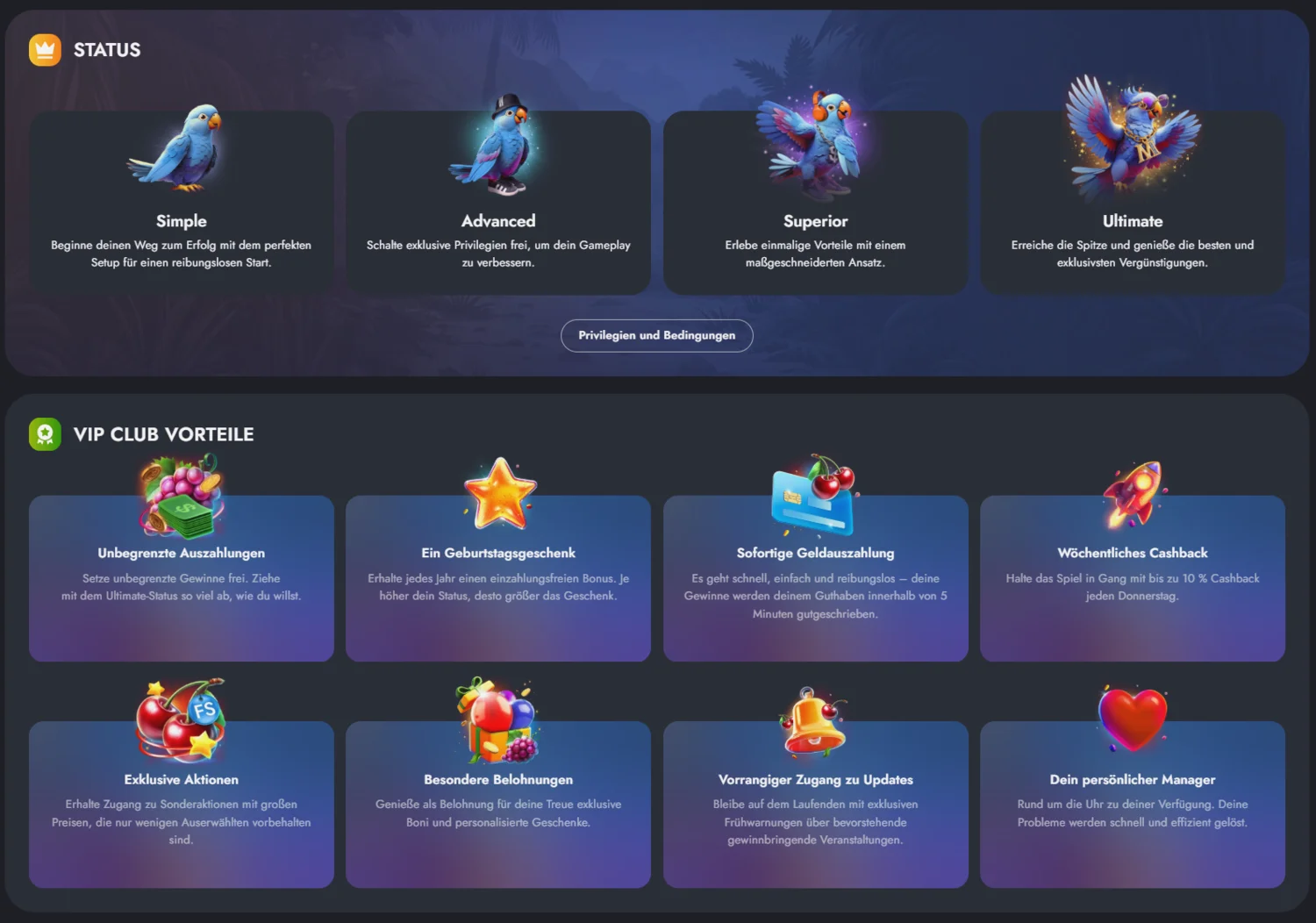 Martin Casino VIP-Status mit Simple, Advanced, Superior und Ultimate